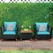 Costway 3PCS Outdoor Patio Rattan Furniture Set Wooden Table Cushioned Sofa Turquoise