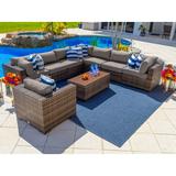 Sorrento 9-Piece Resin Wicker Outdoor Patio Furniture Sectional Sofa Set in Brown w/ Seven Sectional Seats Armchair and Coffee Table (Flat-Weave Brown Wicker Sunbrella Canvas Taupe)