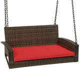 Best Choice Products Woven Wicker Hanging Porch Swing Bench for Patio Deck w/ Mounting Chains Seat Cushion - Brown/Red