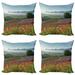 Flower Throw Pillow Cushion Case Pack of 4 Poppy Flower Lavender Farm Foggy Morning Agriculture Outdoor Crops Red Purple Art Modern Accent Double-Sided Print 4 Sizes Multicolor by Ambesonne