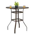 VINGLI Outdoor Bar Table Bistro Table Metal Frame Patio Bar Table Tempered Glass Table Top All Weather Outdoor Bar Height(Brown)