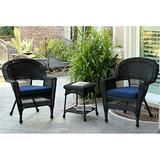 Jeco 3pc Wicker Chair and End Table Set with Blue Chair Cushion-Finish:Black