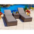 Sorrento 3-Piece Resin Wicker Outdoor Patio Furniture Chaise Lounge Set in Brown w/ Two Chaise Lounge Chairs and Side Table (Flat-Weave Brown Wicker Sunbrella Canvas Taupe)