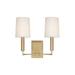 2 Light Contemporary Metal Wall Sconce with Cylinder Off-White Fabric Shade-11.5 inches H By 11 inches W-Aged Brass Finish Bailey Street Home