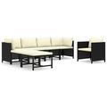 Dcenta 7 Piece Outdoor Conversation Set White Cushioned 2 Middle with 2 Corner Sofas with Single Sofa 2 Footstool Black Poly Rattan Sectional Outdoor Furniture Set for Patio Backyard Terrace