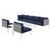 Lounge Sectional Sofa Chair Table Set Sunbrella Aluminum Metal Steel Grey Gray Blue Navy Modern Contemporary Urban Design Outdoor Patio Balcony Cafe Bistro Garden Furniture Hotel Hospitality