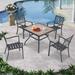 Ulax Furniture 5 Pieces Outdoor Patio Dining Set with 4 Steel Stackable Chairs Square Wood-Like Table with 1.57 Umbrella Hole