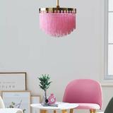 ANQIDI 15 Modern E26 Chandelier Pink Fringe Pendant Light for Bedroom Dining Room