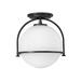 1-Light Semi-Flush Mount with Metal Yoke and Ring in Heritage Brass with Etched Opal Globe Glass 11.5 inches W X 12.5 inches H-Black Finish Bailey