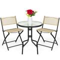 Best Choice Products 3-Piece Patio Bistro Dining Furniture Set w/ Round Textured Glass Tabletop Folding Chairs - Beige