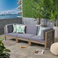 Elisha Outdoor Modular 3 Piece Acacia Wood Sectional Sofa Set and Coffee Table with Cushions Gray Dark Gray