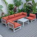 LeisureMod Chelsea 7-Piece Outdoor Patio Conversation Set in Weathered Grey Aluminum with Coffee Table & Cushions In Orange