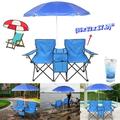 Goorabbit Folding Picnic Chairs 2-Seats Anti-UV Umbrella Folding Outdoor Chair with Table Cooler for Beach Patio Picnic Camping-Blue