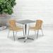 BizChair 23.5 Square Aluminum Indoor-Outdoor Table Set with 2 Beige Rattan Chairs