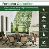 Hanover Fontana 9-Piece Outdoor Dining Set with 8 Sling Swivel Rockers and a 95-in. x 60-in. Oval Cast-Top Dining Table