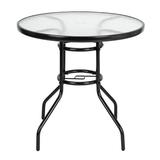 Outdoor Dining Table BTMWAY Round Glass Patio Table with Umbrella Hole All-weather Outside Dining Table Tempered Glass Table Top Coffee Table Patio Bistro Table for Garden Backyard Porch Poolside