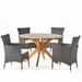 Enma Outdoor Wicker and Acacia Wood 5 Piece Dining Set with Cushions - Multibrown - Beige - and Teak