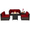 Patiojoy 6 PCS Patio Wicker Furniture Set With 30 Gas Fire Pit Table 50 000 BTU Red Cushions