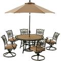 Hanover Monaco 7-Piece Outdoor Patio Dining Set 6 Cushioned Swivel Rocker Chairs 60 Round Tile Table 9 Umbrella and Umbrella Base Brushed Bronze Finish Rust-Resistant All-Weather