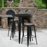 Flash Furniture Commercial Grade 30 Round Black Metal Indoor-Outdoor Bar Table Set with 2 Square Seat Backless Stools