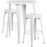Flash Furniture Boyd Commercial Grade 30 Round White Metal Indoor-Outdoor Bar Table Set with 2 Square Seat Backless Stools