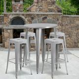 Flash Furniture Commercial Grade 30 Round Silver Metal Indoor-Outdoor Bar Table Set with 4 Square Seat Backless Stools