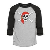 Shop4Ever Men s Pirate Skull and Crossbones Pirate Flag Raglan Baseball Shirt Medium Heather Grey/Black