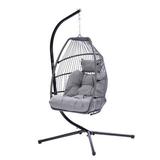 [US IN STOCK] Swing Egg Chair with Stand Indoor Outdoor 350lbs Capacity Hanging Wicker Hammock Chair with UV Resistant Cushion Collapsible Foldable Basket for Bedroom Balcony Patio Garden