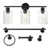 Globe Electric Bristol 5-Piece All-In-One Bathroom Set Matte Black 3-Light Vanity Light with Seeded Glass Shades Towel Bar Towel Ring Robe Hook Toilet Paper Holder 91000793