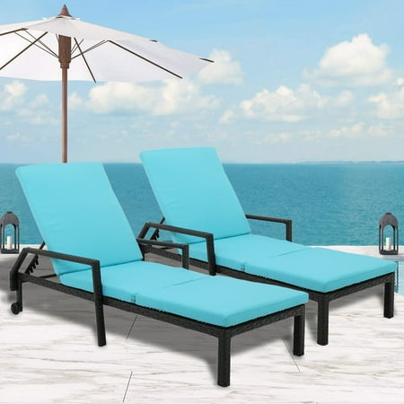 2PCS Chaise Lounge Chairs BTMWAY Outdoor Chaise Lounge with Blue Cushion Wicker Lounge Chair Set Adjustable Patio Chaise Lounge Chair with Wheels Patio Furniture Recliner for Deck Poolside Beach