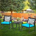Patio Garden Balcony and Backyard 3-Piece Conversation Black Wicker Furniture-Two Chairs with Glass Coffee Table Light Blue