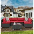7 Piece Patio Furniture Sets Outdoor Sectional PE Rattan Outdoor Furniture Patio Conversation Set with Cushions and Glass Coffee Table for Balcony Lawn and Garden Red