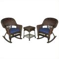 Jeco 3pc Wicker Rocker Chair Set in Espresso with Blue Cushion