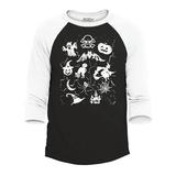 Shop4Ever Men s Halloween Mash Witch Skull Pumpkin Ghost Cat Raglan Baseball Shirt X-Small Black/White
