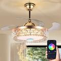 FINE MAKER Crystal Bluetooth Remote Control Ceiling Fan with Light 7 Color LED Chandelier Fan Retractable Blades 3 Speed Wind Silent Fandelier for Living Dining Room Bedroom 42 Gold Metal Finish