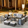 Ovios 8 Pieces Patio Outdoor Furniture Grey Conversation Set Outdoor Sectional Sofa with Gas Fire Pit CSA Approved