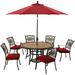 Hanover Monaco 7-Piece Outdoor Patio Dining Set 6 Cushioned Stationary Chairs 60 Round Tile Table 9 Umbrella and Umbrella Base Brushed Bronze Finish Rust-Resistant All-Weather