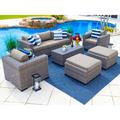Tuscany 6-Piece L Resin Wicker Outdoor Patio Furniture Lounge Sofa Set with Three-seat Sofa Two Armchairs Two Ottomans and Coffee Table (Half-Round Gray Wicker Sunbrella Canvas Taupe)