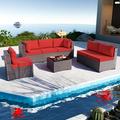 ALAULM 7 Piece Patio Furniture Sets Outdoor Patio Sectional Outdoor Furniture Set Manual Weaving Wicker Patio Sofa PE Rattan Porch Deck Conversation Set w/Coffee Table & Thick Cushions Red