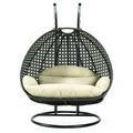 LeisureMod Charcoal Rattan Wicker Double 2 Person Egg Swing Chair with Stand Taupe Cushion