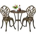 COBANA Patio Bistro Table Set 3 Piece Outdoor Cast Aluminum Table and Chairs with 2 Umbrella Hole for Garden Balcony Backyard Pool Bronze