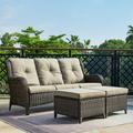 PARKWELL 3-Piece Patio Conversation Set Cushioned Sofa with Ottomans Outdoor Furniture Sets Brown Wicker and Gray Cushion
