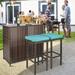 Bar Furniture Rattan Bar Table 3 Pieces Patio Bar Set Brown Flat Rattan Bar Stool and Backyard Garden Dining Table and Chairs with 2 Storage Racks and 5cm Cushions Bar Furniture (EXP-Turquoise)