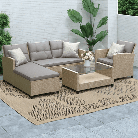Outdoor Furniture Set 4 Pieces PE Wicker Rattan Patio Conversation Set with Table & Lounge Chair All-Weather Cushioned Sectional Sofa Set for Backyard Porch Garden Gray Cushions