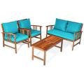 Giantex 4PCS Wood Outdoor Patio Furniture Set w/Cushions for Seat and Back Seating Chat Set w/Coffee Table Cushioned Conversation Set for Poolside Yard Garden Backyard