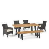 GDF Studio Edenborn Outdoor 6 Piece Lightweight Concrete and Wicker Dining Set with Bench Multibrown and Natural Oak