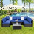 Kinbor 7Pcs Outdoor Furniture Patio Sectional Sets Rattan Wicker Sofa with Coffee Table Dark Blue