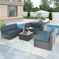 SOLAURA 7-Piece Patio furniture Outdoor Wicker Sectionals Light Blue Cushion Sofa Conversation Set with Glass Coffee Table