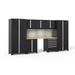 NewAge Products Pro Series Black 8 Piece Cabinet Set Heavy Duty 18-Gauge Steel Garage Storage System Slatwall / LED Lights Included