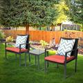 Outdoor 3-Piece Discussion Bistro Set Black Wicker Furniture-Two Chairs with Glass Coffee Table Red